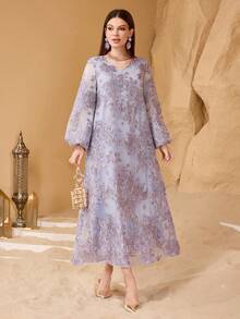 SHEIN Najma Fashionable New Heavy Jacquard Large Floral Purple Arabic Style Dress For Women - Lilac Purple - View 3
