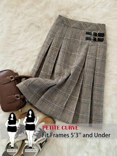 SHEIN PETITE CURVE Plus Size Casual & Commute Plaid Pleated Skirt Summer Outfits Casual  Petite Curve