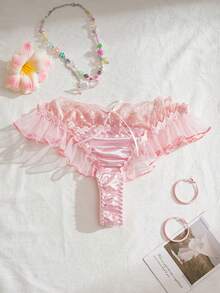 女士优雅蕾丝拼接丁字裤，甜美 - 粉色 - 查看 2