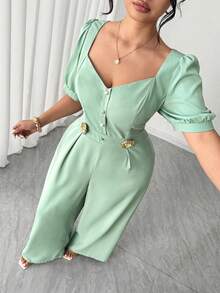 Mono elegante de pierna ancha con cuello cuadrado, manga corta y decoración de botón metálico, adecuado para primavera/verano, vuelta al colegio, vacaciones, graduación, San Valentín, Navidad, festival de música, Día de la Madre, Halloween, Acción de Gracias, Pascua, Día Nacional, gala, cita, temporada de bodas, actividades al aire libre, talla grande - Verde - Ver 2