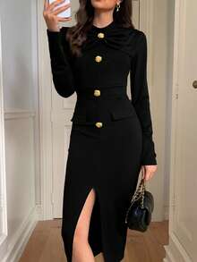 Elyressa A Long Autumn Dress With Elegant Knitted Bow And Romantic Charm For Ladies - Black - View 4