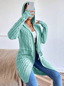 Chiquease Cárdigan con capucha de punto de cable, de un solo color, con hombros caídos y cordón ajustable - Verde - Ver 6