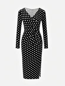 Nuvra Women's Long Sleeve Polka Dot Double Layer Shapewear Dress With Lining, Waist Cinching, Butt Lifting, Mid-Length Bodycon Dress - Black and White - View 3