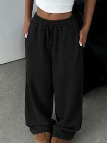 SHEIN 少女纯黑色针织宽松休闲抽绳口袋阔腿运动裤 - 黑色 - 查看 4