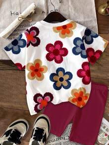 2pcs Tween Girls Casual Cute Textured Ditsy Floral Set - Red Retro Floral Shorts & Tee, Suitable For Summer, Vacation, Outings, Kids Fall Fashion, Kids Cozy , Sweet Style, Affordable Fashion, Weekend Outfits, Back To School Fashion, Blossom Vogue, Fall New Style, Y2K, Girls Outfit Sets, Two Pieces Set, Tween Girl Clothes, Sets For Kids, Floral Pop Teenager Girl Short Shirt For Summer Flower Set Summer Outfit Kids Flower Shirt Girls Flower Shirt Tween Flowered Blouse Tween - Multicolor - View 4