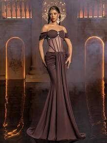 Glamrae Women's Elegant Brown Stretch Knit Evening Gown,Handcrafted Rhinestone Chain Mesh Overlay,Off-The-Shoulder Boning Detail Fishtail Wedding Guest Dress - Coffee Brown - View 6