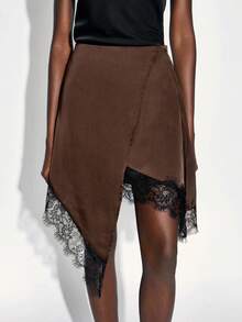 Maija 女士不对称蕾丝边半身裙，时尚百搭，适合都市通勤、商务休闲、办公室穿着、教师装扮，也适合圣诞节、新年派对、婚礼宾客等场合。 - 棕色 - 查看 6