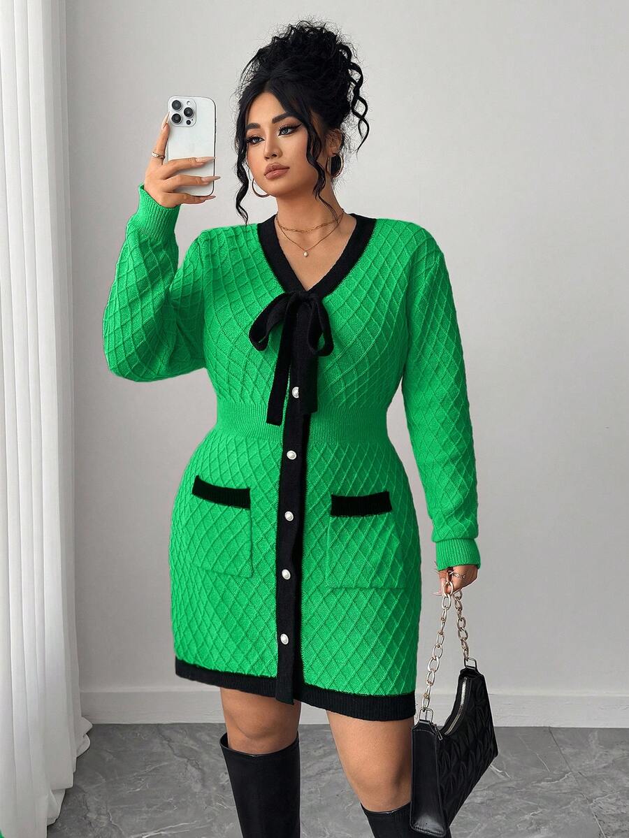 Elenzga Gaun Sweater Rajut Warna-warni Elegan untuk Wanita Ukuran Plus, Model Ikat Depan, Musim Gugur/Dingin - Hijau - View 1
