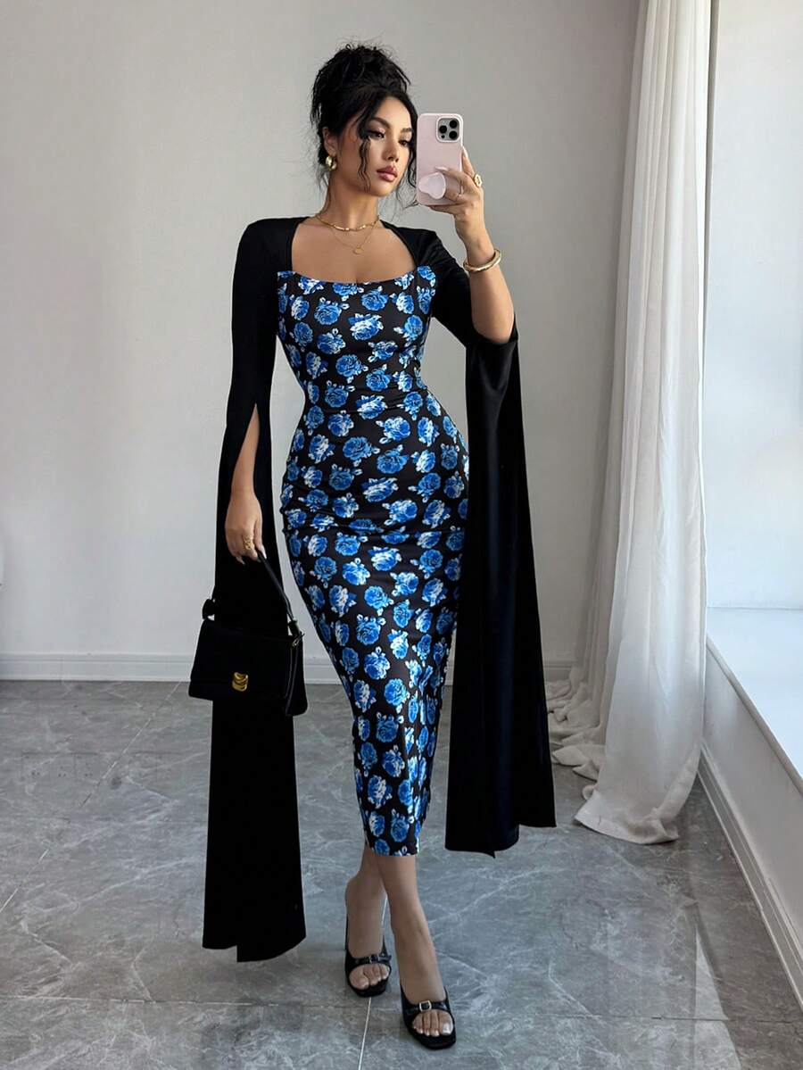 Rafferiza Vestido largo de manga larga con abertura y estampado fluido, vestido de noche con recortes, estilo europeo y americano - azul real - Ver 1