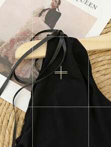 SHEIN 女士纯色垂褶领口系带肩部褶皱时尚衬衫 - 黑色 - 查看 5
