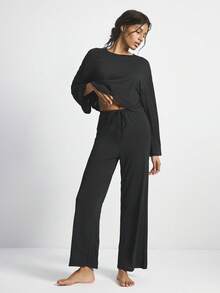 Ocili 两件套舒适柔软竹纤维针织圆领长袖上衣和裤子女士睡衣套装，适合夏季、秋季和冬季穿着 - 黑色 - 查看 5