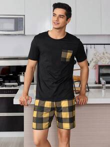 Conjunto de pijama de 2 piezas con estampado de cuadros para hombre - Negro - Ver 3