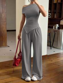 Muchica 2pcs Women Solid Color Asymmetric Hem Knit Top And Pants Set,Business Casual Woman,Summer Sets - Grey - View 5