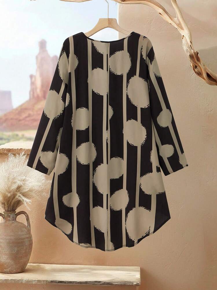 Plus Size Women 2pcs Set Geometric Print Round Neck Long Sleeve Asymmetric Hem Top And Pants, Casual, Winter Set