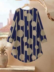 Rusticease Conjunto de 2 piezas de talla grande para mujer con estampado geométrico, cuello redondo, manga larga y bajo asimétrico, top y pantalones, conjunto casual de invierno - Azul Marino - Ver 4