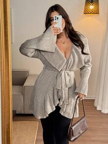 Vionelle Plus Size V-Neck Ruffled Flare Sleeve Waist Tie Casual Elegant French Style Women Knit Cardigan Dress Cardigan Curve Kimono Sweaters For Women Cardigan Brown Cardigan Knitted Cover Up - Khaki - View 7