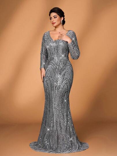 Serin Plus Size Elegant Luxurious Gray Sequin Embroidered Sheer Long Sleeve V-Neck Fitted Mermaid Hem Dress, Suitable For Evening Party, Date Night, Gala, Wedding, Formal Occasion Plus Size Formal Gown