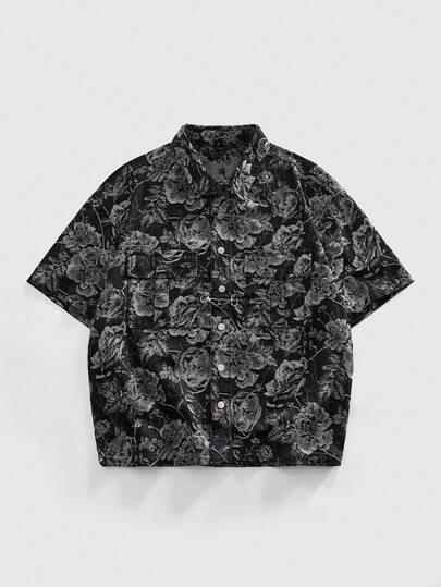 ROMWE MEN Street Life Men's Front Button Casual Fashion Versatile Summer Shirt, Textured Floral Denim Top