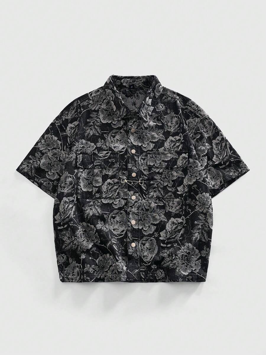 ROMWE MEN Street Life Men's Front Button Casual Fashion Versatile Summer Shirt, Textured Floral Denim Top - Black - View 1