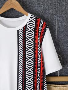 Vacaura 2pcs/Set Teen Boy Casual Retro Print Patchwork Contrast Color T-Shirt And Shorts Set,Summer Streetwear Vacation Outfit For Preteen Boys Daily Wear - Khaki - View 9