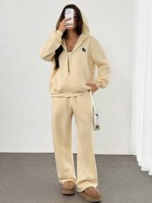 SHEIN PETITE Women's Casual Loose Zip-Up Long Sleeve Top And Pants 2 Pieces Set,Fall,Fall Clothes For Women Yellow - Light Yellow - View 9