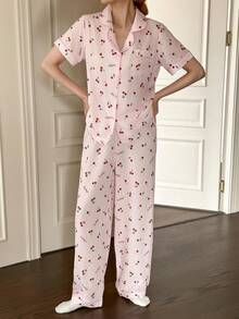SHEIN Napfluff 樱桃印花翻领短袖睡衣套装 - 粉色 - 查看 4