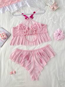 PetitDoll 3pcs/Set Mesh & Contrast Lace Outfit - Pink - View 2