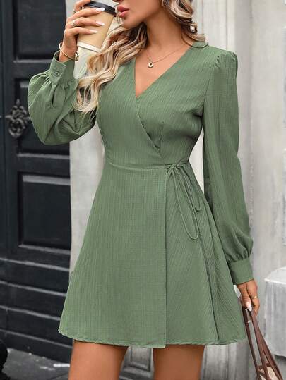 SHEIN LUNE 女士休闲裹身系带纹理长袖连衣裙 女士休闲连衣裙 绿色连衣裙 女士绿色连衣裙 长袖连衣裙