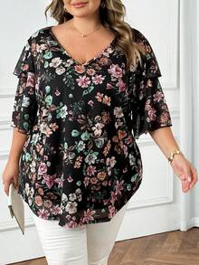 SHEIN CURVE+ Áo cánh rộng tay bèo cổ chữ V cỡ lớn cho nữ, áo nghỉ mát mùa xuân/hè/2026/năm mới - Nhiều màu - Xem 3