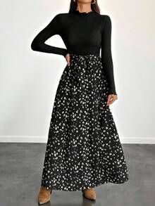 SHEIN Tall Đầm dài tay cổ đứng in hoa thanh lịch dành cho nữ, đầm maxi dài tay, đầm dài thường ngày, đầm maxi in họa tiết động vật, đầm maxi kín đáo, đầm maxi đen thắt eo, quần áo mùa thu cho nữ, đầm mùa thu cho nữ, đầm cho nữ, đầm thanh lịch cho nữ, đầm thanh lịch cho nữ, đầm dài in hoa thanh lịch, đầm dài tay thanh lịch - màu đen - Xem 4