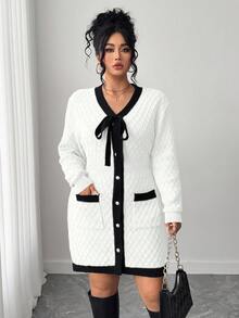 Elenzga Plus Size Women Colorblock Knitted Tie Front Elegant Sweater Dress, Autumn/Winter - White - View 3