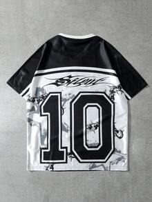 ROMWE MEN Anime Men's V-Neck Short Sleeve T-Shirt, Black & White Angel Girl Print + Number 10 Element Print, Essential Streetwear Casual Top - Multicolor - View 2