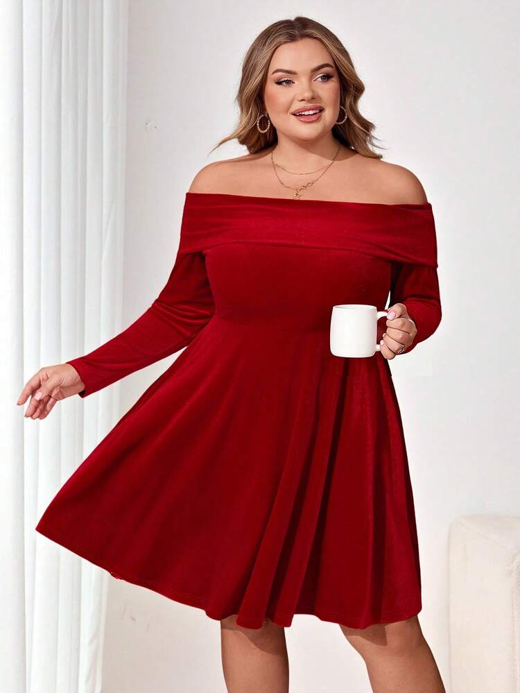 Enliva Plus Size Women's Long Sleeve Velvet Dress, Autumn/Winter Off Shoulder Red Dress, For Apple Rounded Body Shape - Red - View 8
