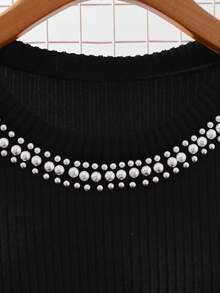 GlowEve Damen Kleid mit ausgestellten Ärmeln, Perlendekor, elegant, vielseitig für Alltag, Büro, Weihnachtsfeier, Silvester, in Rot mit Langarm, Herbst/Winter - Schwarz - Übersicht 3