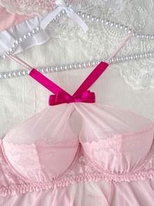 PetitDoll 3pcs/Set Mesh & Contrast Lace Outfit - Pink - View 8