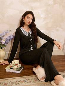 Côtesoire Contrast Color Collar Floral, Contrast Color Fake Placket, Bow Tie, Elegant & Romantic Sleepwear Set For Women, Long Sleeve - Black - View 6