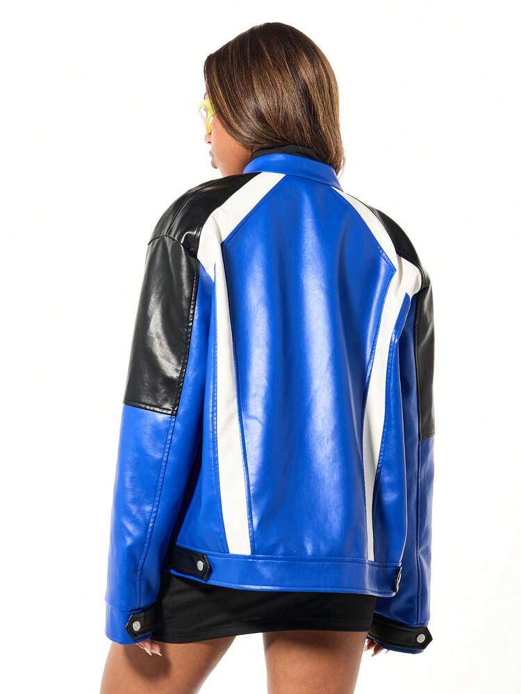 SUMWON WOMEN Colorblock Faux Leather Motorcycle Jacket With Racing Panels
