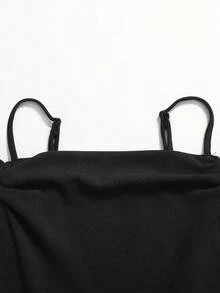 SHEIN 少女优雅露肩收腰A字丝绒连衣裙 - 黑色 - 查看 4