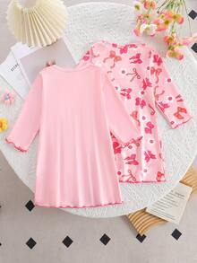 Baby Girls Pajamas-2 Piece Pajama Bow Print Nightgowns Set Round Neck Long Sleeve Soft Lightweight Sleep Dress Two Pack Pink Bow Pattern All Season Bedtime Nap Play Holiday Gift 2026 Must Have