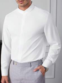 Core Aspect 男士纯色立领单排扣休闲长袖衬衫，秋冬白色领衬衫，男士衬衫，男士白色正装衬衫，男士白色衬衫，抗皱，易护理，免熨白衬衫，情人节礼物，男友礼物，男士结婚衬衫 - 白色 - 查看 3