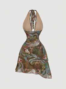 SHEIN MOD Vestido com Padrão Estilo Vintage de Tribunal Verde com Gravata Borboleta, Ajuste Slim Assimétrico - Vestido de Fada, Vestido Formal, Vestido de Verão, Fantasia de Carnaval, Vintage Anos 70, Y2K, Encontro, Festa, Tribunal, Festivo, Aniversário, Baile de Formatura, Boho, Grunge Punk - Multicolorido - Visão 2