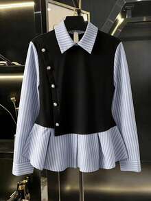 GlowEve CURVE Regalyn Plus Size Women's Colorblock Striped Long Sleeve Fashionable 2-In-1 Blouse Preppy Tops Striped Blouse - Multicolor - View 1