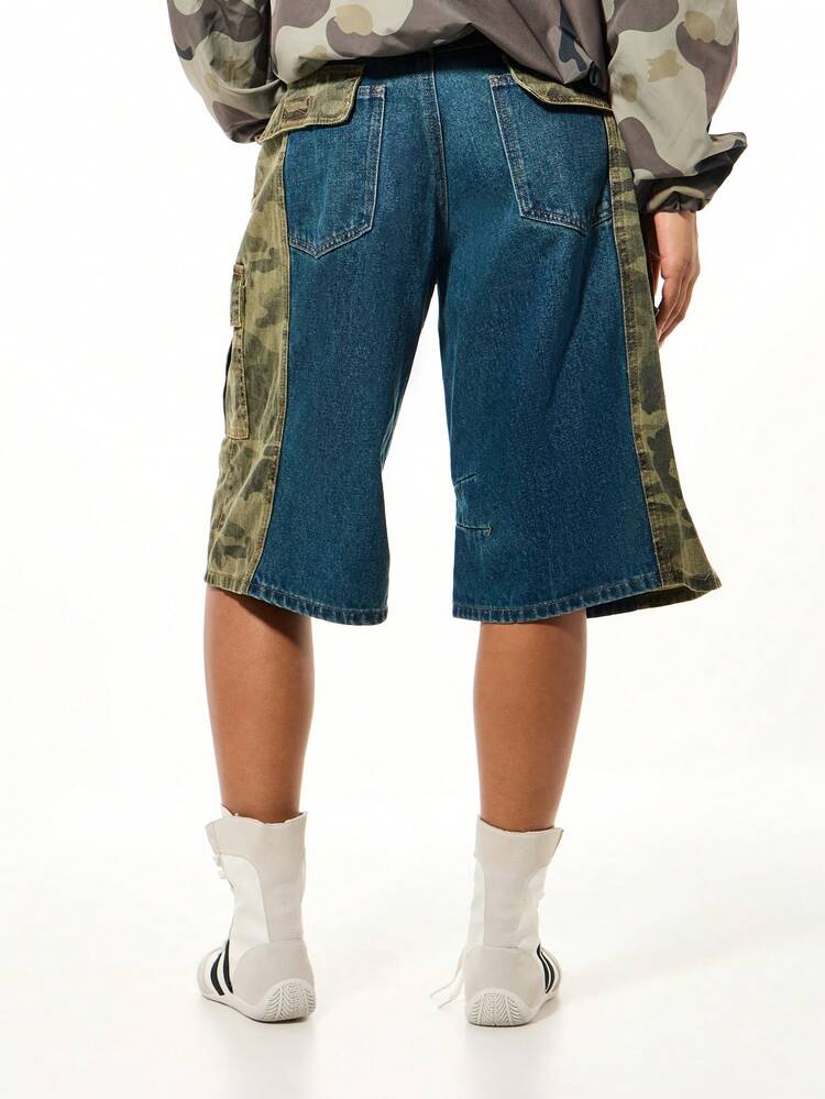 SUMWON WOMEN Camo Denim Wide Leg Cargo Shorts