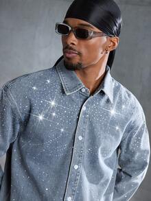 ROMWE MEN Street Life Men's Rhinestone Embellished Long Sleeve Denim Shirt - Blue - View 4