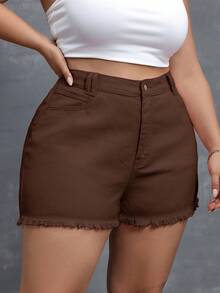 Flexra Plus Size Casual Solid Color Frayed Hem Denim Shorts - Brown - View 3
