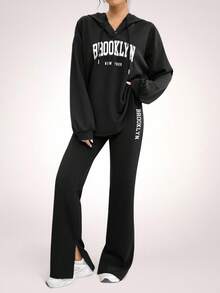 Veilorie 女士休闲字母印花抽绳连帽卫衣和裤子两件套，秋季两件套 - 黑色 - 查看 2