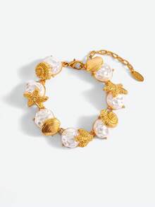Opalesca 1 Pc Fashionable Starfish & Shell Asymmetric Pearl Bracelet For Women, Outfits, Old Money, Wedding/Bridal Accessories, Fairycore/Fairy, Pearl, Metallic/Texture, Fall/Autumn/Winter, Elegant, For Mom/Women/Girl/Mother, Premium, Vintage, Layered - Gold - View 2