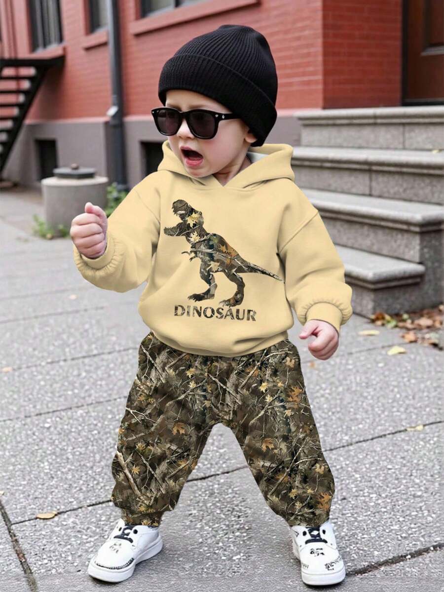 SHEIN Bộ đồ nỉ chui đầu in họa tiết cành cây cổ điển, thoải mái, mềm mại, phù hợp cho mùa thu/đông, thường ngày cho bé trai, phong cách tối giản, cổ điển, thời trang khủng long mát mẻ, phù hợp cho mùa thu/đông - Nhiều màu - Xem 1