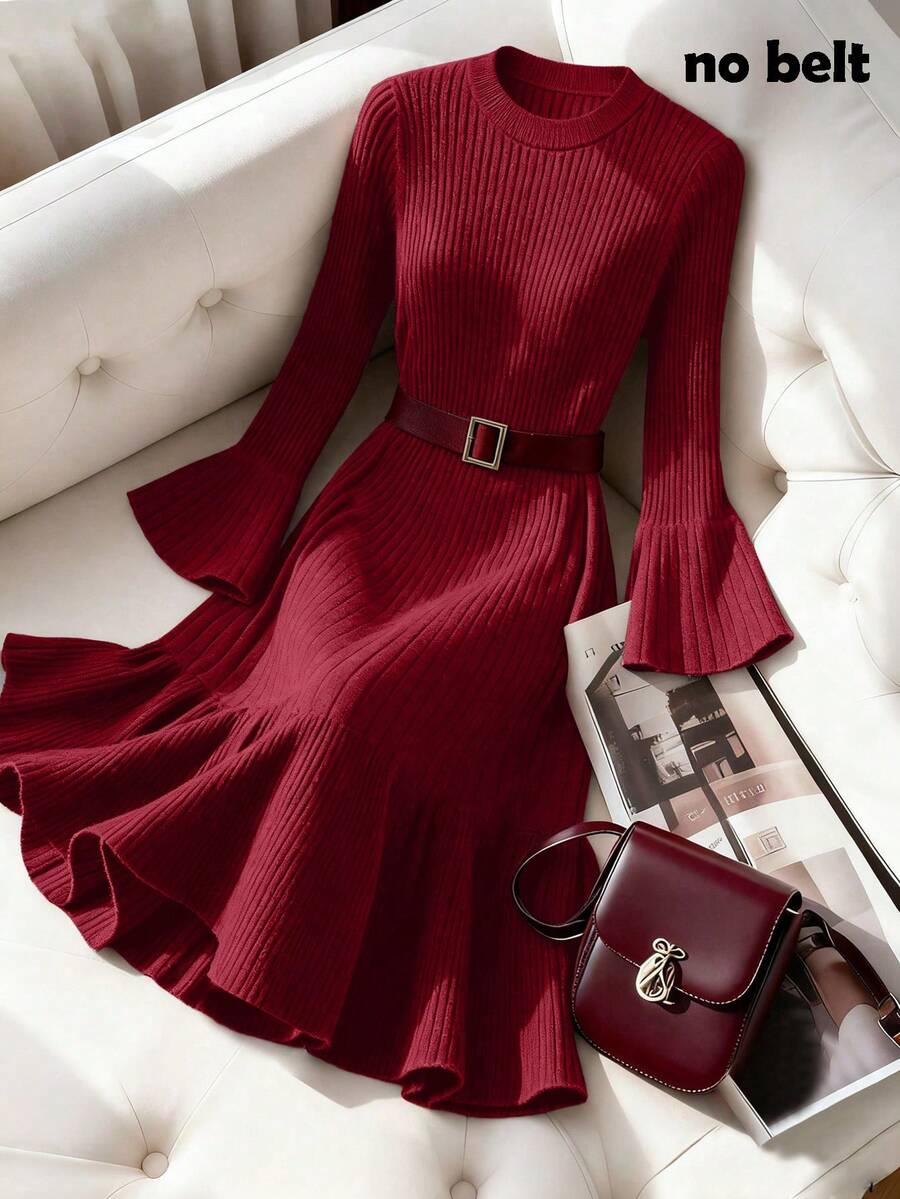 Franclia Neues Herbst/Winter sexy anliegendes Rundausschnitt Trompetenärmel elegantes lässiges Strickkleid für Frauen - Rot - Übersicht 1