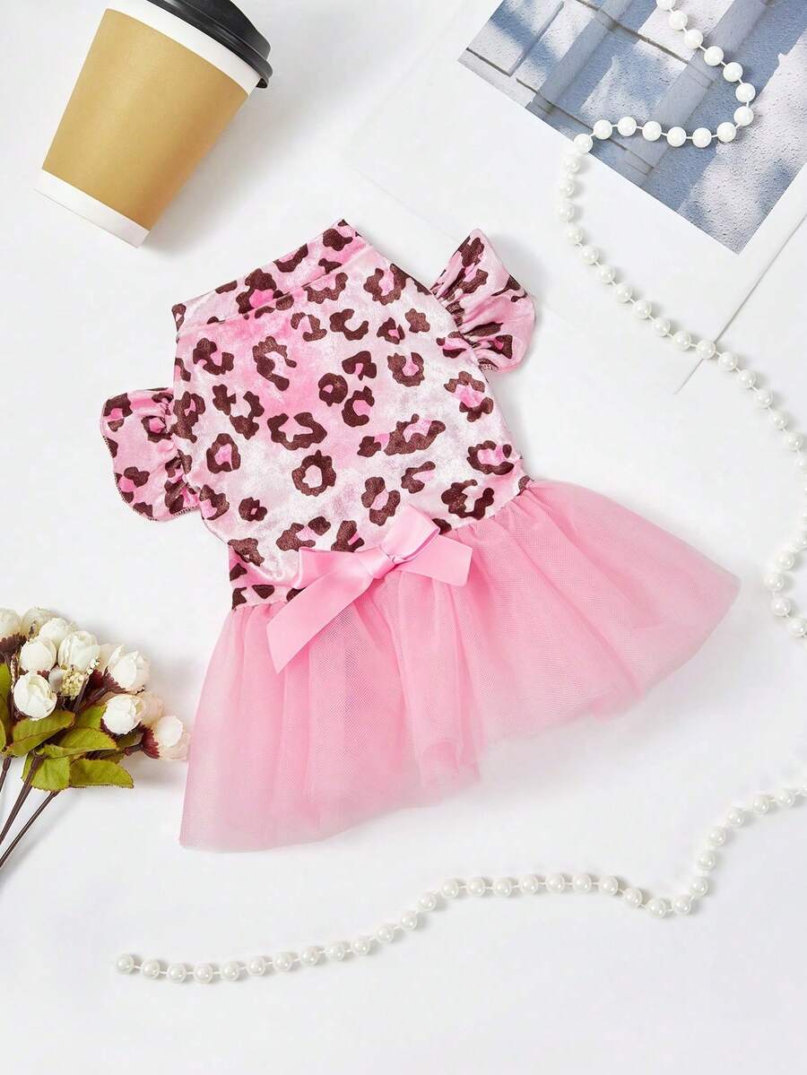 PETSIN 1pc Velvet Leopard Splice Tulle Ruffle Collar Dog Dress For Dogs, Fashion Pet Apparel